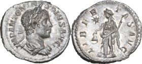 Elagabalus (218-222). AR Denarius. Rome mint, 220-221 AD. Obv. IMP ANTONINVS PIVS AVG. Laureate and draped bust right. Rev. LIBERTAS AVG. Libertas sta...