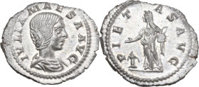 Julia Maesa, grandmother of Elagabalus (died 225 AD). AR Denarius, Rome mint, 218-220 AD. Obv. IVLIA MAESA AVG. Draped bust right. Rev. PIETAS AVG. Pi...