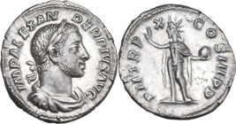 Severus Alexander (222-235 AD). AR Denarius, 231 AD. Obv. IMP ALEXANDER PIVS AVG. Laureate, draped and cuirassed bust right. Rev. PM TR P X COS III PP...