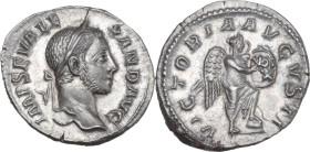 Severus Alexander (222-235). AR Denarius, Rome mint, 230 AD. Obv. IMP SEV ALEXAND AVG. Laureate head right. Rev. VICTORIA AVGVSTI. Victory standing ri...