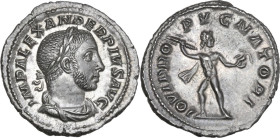 Severus Alexander (222-235 AD). AR Denarius, AD 232. Obv. IMP ALEXANDER PIVS AVG. Laureate and draped bust right. Rev. IOVI PROPVGNATORI. Jupiter in f...