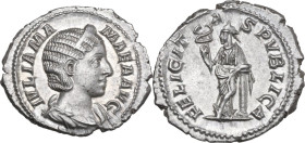 Julia Mamaea, mother of Severus Alexander (died 235 AD). AR Denarius. Struck under Severus Alexander, 228 AD. Obv. IVLIA MAMAEA AVG. Diademed and drap...