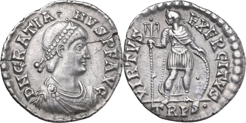 Gratian (367-383). AR Miliarense, Treveri mint. Struck 367-375 AD. Obv. DN GRATI...