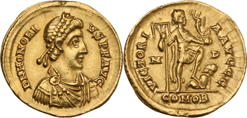 Honorius (393-423). AV Solidus, Mediolanum mint, 402-423 AD. Obv. D N HONORIVS P...