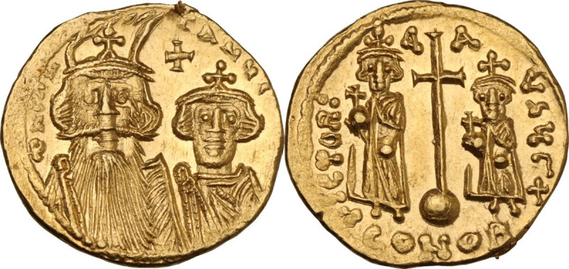 Constans II, with Constantine IV (641-668). AV Solidus. Constantinople mint. Str...