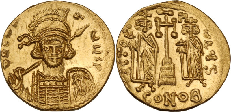 Constantine IV Pogonatus, with Heraclius and Tiberius (668-685). AV Solidus. Con...