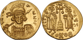 Constantine IV Pogonatus, with Heraclius and Tiberius (668-685). AV Solidus. Constantinople mint. Struck circa 674-681. Obv. ∂N CONτ NЧS P. Pearl-diad...