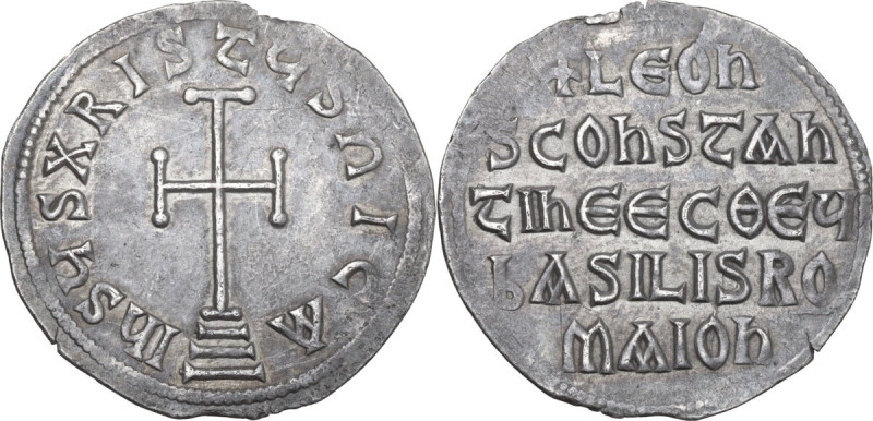Leo V with Constantine (813-820). AR Miliaresion, Constantinople mint. Obv. IҺSЧ...