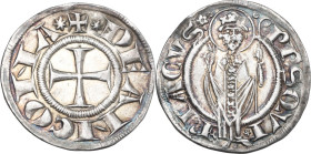 Ancona. Repubblica Autonoma (Sec. XIII-XIV). Grosso agontano. D/ Croce patente. R/ San Ciriaco di fronte mitrato e nimbato regge pastorale con la sini...
