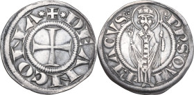 Ancona. Repubblica Autonoma (Sec. XIII-XIV). Grosso agontano. D/ Croce patente. R/ San Ciriaco di fronte mitrato e nimbato regge pastorale con la sini...