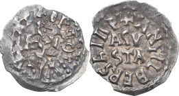 Benevento. Adelchi (853-878) e Angilberga (853-875). Denaro. D/ Monogramma di Augustus. R/ AGV STA su due righe. CNI 51/54; MEC 1, 1118. AG. 0.9 g. 19...
