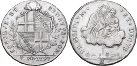 Bologna. Governo Popolare (1796-1797). Scudo da 10 paoli 1797. D/ Stemma di Bologna con rami ai lati e sovrastato da testa e artigli di leone. R/ Mezz...