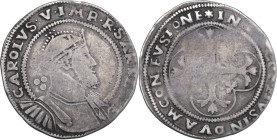 Cagliari. Carlo V d'Asburgo (1517-1556). Da tre reali. D/ Busto a destra coronato e corazzato; dietro, tre globetti (simbolo di valore). R/ Croce tric...