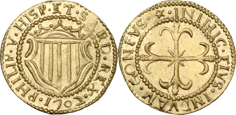 Cagliari. Filippo V di Spagna (1700-1707). Scudo d'oro 1702. D/ Stemma d'Aragona...