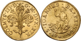 Firenze. Gian Gastone de' Medici (1723-1737). Zecchino o fiorino d'oro 1722. D/ Il Giglio di Firenze. R/ San Giovanni nimbato, seduto su zolla erbosa ...