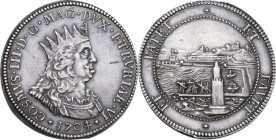 Livorno. Cosimo III de' Medici (1670-1723). Tollero 1703. D/ Busto corazzato a destra con corona dentata e lunga capigliatura. R/ Veduta del porto di ...