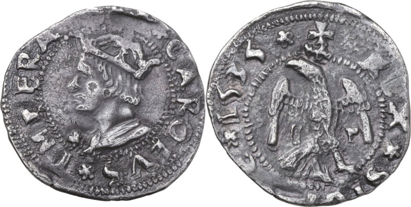 Messina. Carlo V d'Asburgo (1516-1556). Tarì 1535 con sigle. D/ Busto coronato a...