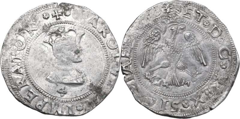 Messina. Carlo V d'Asburgo (1516-1556). Da 4 Tarì 1555 o 1556. D/ Busto barbuto ...