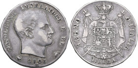Milano. Napoleone I (1804-1815). Lira 1808 M, ultima cifra 8 ribattuta su 7. D/ Volto a sinistra a capo nudo. R/ Stemma in padiglione coronato con aqu...