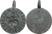 Oriente Latino. Sigillo templare, XIII sec. D/ +:S: TVRII : FILII . MOVRCIIV. Cavaliere elmato e corazzato a cavallo a destra, sguaina la spada e regg...