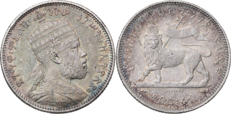 Ethiopia. Menelik II (1889-1913). Quarter birr EE 1889 (1897) A, Paris mint. Fir...