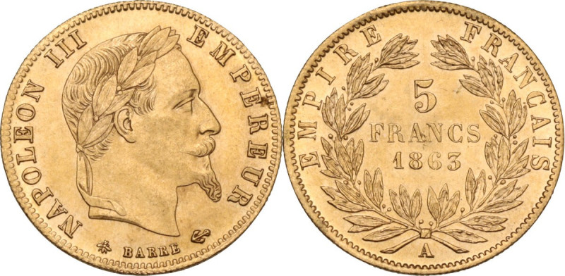 France. Napoleon III (1852-1870). 5 francs 1863 A, Paris mint. KM 803; Gad. 1002...