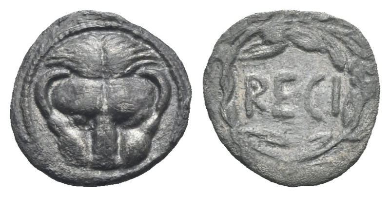 Bruttium. Rhegion. Circa 445-435 BC. Litra (Silver, 12.01 mm, 0.76 g). Lion mask...