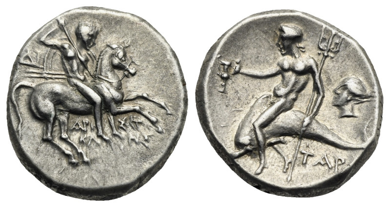 Calabria, Tarentum, Circa 272-240 BC. Nomos (Silver, 18.24 mm, 6.43 g). Horseman...