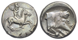 Sicily. Gela. Circa 490-475 BC. Didrachm (Silver, 19.44 mm, 8.61 g). Helmeted rider on prancing horse r., wielding spear. Rev. CE - Λ - Α, forepart of...