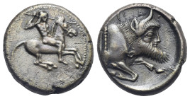 Sicily. Gela. Circa 490-475 BC. Didrachm (Silver, 19.92 mm, 8.38 g) Nude bearded warrior riding horse galloping to right, wearing headdress with long ...