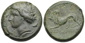 Sicily. Kentoripai. Circa 339-330 BC. Drachm (Bronze, 32.00 mm, 33.72 g). Head of Nymph left, wearing reed wreath; four dolphins swimming around. Rev....