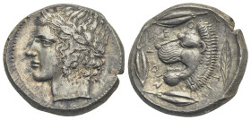Sicily. Leontinoi. Circa 455-430 BC. Tetradrachm (Silver, 26.15 mm, 17.34 g) struck circa 425 BC. Laureate head of Apollo left, wearing curly flowing ...