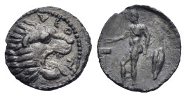 Sicily. Leontinoi. Circa 455-430 BC. Litra (Silver, 12.48 mm, 0.64 g). ΛEO-N Head of a lion with open jaws to right. Rev. Apollo standing left, holdin...