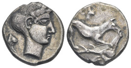 Sicily. Motya or Panormos. Circa 415-405 BC. Punic Didrachm featuring Segestan types (Silver, 20.81 mm, 8.14 g). Hound right standing on stag’s head a...