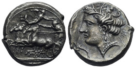Sicily. Panormos (as Ziz), Punic occupation. Circa 340-320 BC. Tetradrachm (Silver, 25.58 mm, 17.11 g). Charioteer driving fast quadriga left, holding...
