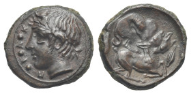 Sicily. Piakos. Circa 425-420 BC. Tetras (Bronze, 15.35 mm, 2.76 g). Unsigned work by the 'Maestro della foglia'. Π-Ι-Α-Κ Wreathed head of youthful ri...