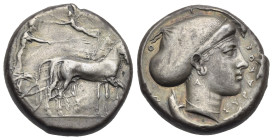 Sicily. Syracuse, Second Democracy. Circa 420-415 BC. Tetradrachm (Silver, 24.36 mm, 17.25 g). Charioteer driving slow biga right, holding kentron and...
