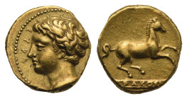 Sicily. Syracuse, Dionysios I. Circa 405-400 BC. 50 Litrai or Dekadrachm (Gold, 11.32 mm, 2.87 g). ΣΥΡA, male head left; behind, ear of grain. Rev. ΣΥ...
