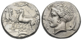 Sicily. Syracuse, Dionysios I. Circa 405-395 BC. Tetradrachm (Silver, 24.40 mm, 16.27 g). Charioteer driving fast quadriga prancing left, holding kent...