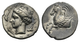 Sicily. Syracuse, Timoleon and the Third Democracy. Circa 343-317 BC. Hemidrachm (Silver, 12.71 mm, 1.34 g). Σ ΥΡΑΚΟΣ Ι ΩΝ Head of Arethusa left, wear...