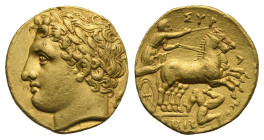 Sicily. Syracuse, Agathokles. Circa 317-310 BC. 50 Litrae or Dekadrachm (Gold, 15.39 mm, 4.28 g). Laureate head of Apollo left, behind, ear of grain. ...