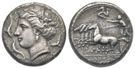 Sicily. Syracuse. Agathokles. 317-289 BC. Tetradrachm (Silver, 24.82 mm, 16.22 g) circa 310-305 BC. Head of Arethusa left, wearing reed wreath, triple...