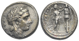 Sicily. Syracuse, Agathokles. Circa 310-305 BC. Tetradrachm (Silver, 24.92 mm, 16.79 g). KOPAΣ, head of Kore/Persephone right, wearing wreath of ears ...