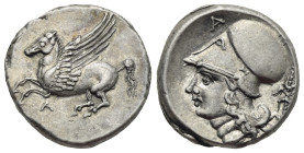 Akarnania. Argos Amphilochikon. Circa 330-280 BC. Stater (Silver, 21.00 mm, 8.66 g). Pegasus landing left; A below. Rev. Helmeted head of Athena left;...