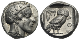 Attica. Athens. Circa 454-404 BC. Tetradrachm (Silver, 22.58 mm, 17.13 g). Head of Athena right, wearing crested Attic helmet decorated with floral mo...