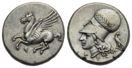 Corinthia. Corinth. Circa 375-300 BC. Stater (Silver, 20.58 mm, 8.60 g). Pegasus landing left; koppa below. Rev. Helmeted head of Athena left, helmet ...