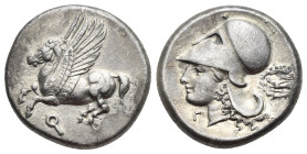 Corinthia. Corinth. Circa 375-300 BC. Stater (Silver, 20.75 mm, 8.53 g). Pegasus landing left; koppa below. Rev. Helmeted head of Athena left; behind,...