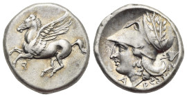 Corinthia. Corinth. Circa 375-300 BC. Stater (Silver, 21.52 mm, 8.44 g). Pegasus landing left; koppa below. Rev. Helmeted head of Athena left, helmet ...
