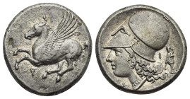 Corinthia. Corinth. Circa 375-300 BC. Stater (Silver, 20.63 mm, 8.59 g). Pegasus landing left; koppa below. Rev. Helmeted head of Athena left, helmet ...