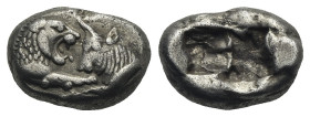 Kings of Lydia. Kroisos. Sardes, circa 550-546 BC. Third Stater (Silver, 14.15 mm, 3.52 g). Forepart of lion right, facing forepart of bull left. Rev....